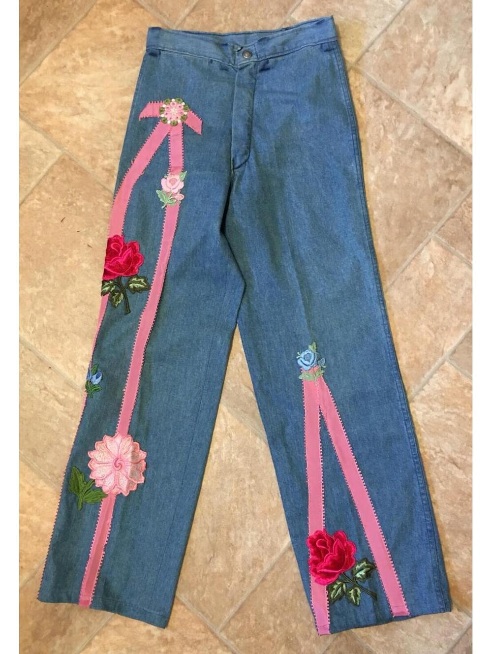 Vtg 70's High Waist Women's Disco Jeans Flower and Ribbon Applique waist 25"